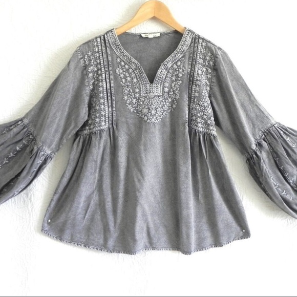 Solitaire Tops - Gray Embellished Blouse with Bell Sleeves